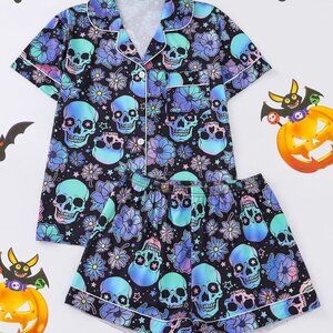 Blue and Green Pajama Set with Playful Skull Design